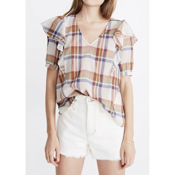 Madewell Tops - EUC Womens Madewell V Neck Shoulder Ruffle Top In Plaid Short Sleeve Size L